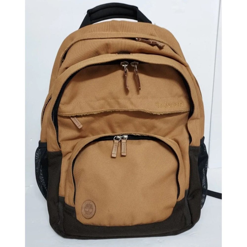 Timberland Backpack Large Canvas W/ Leather Trim Raw Hems Grunge Pockets Logo